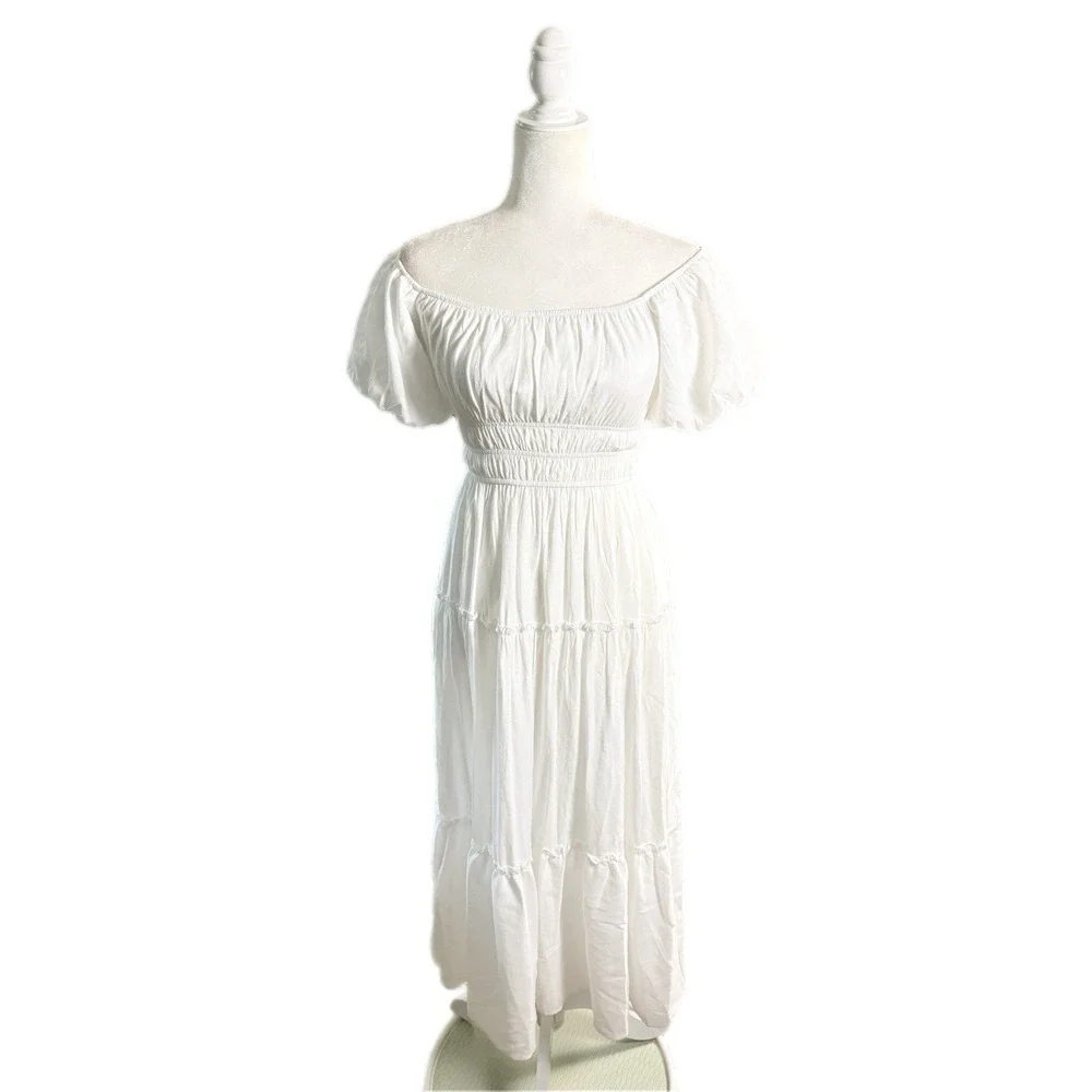 Trixxi‎ Smocked Puff Sleeve Maxi Womens Size S White Tiered Cottagecore Romantic